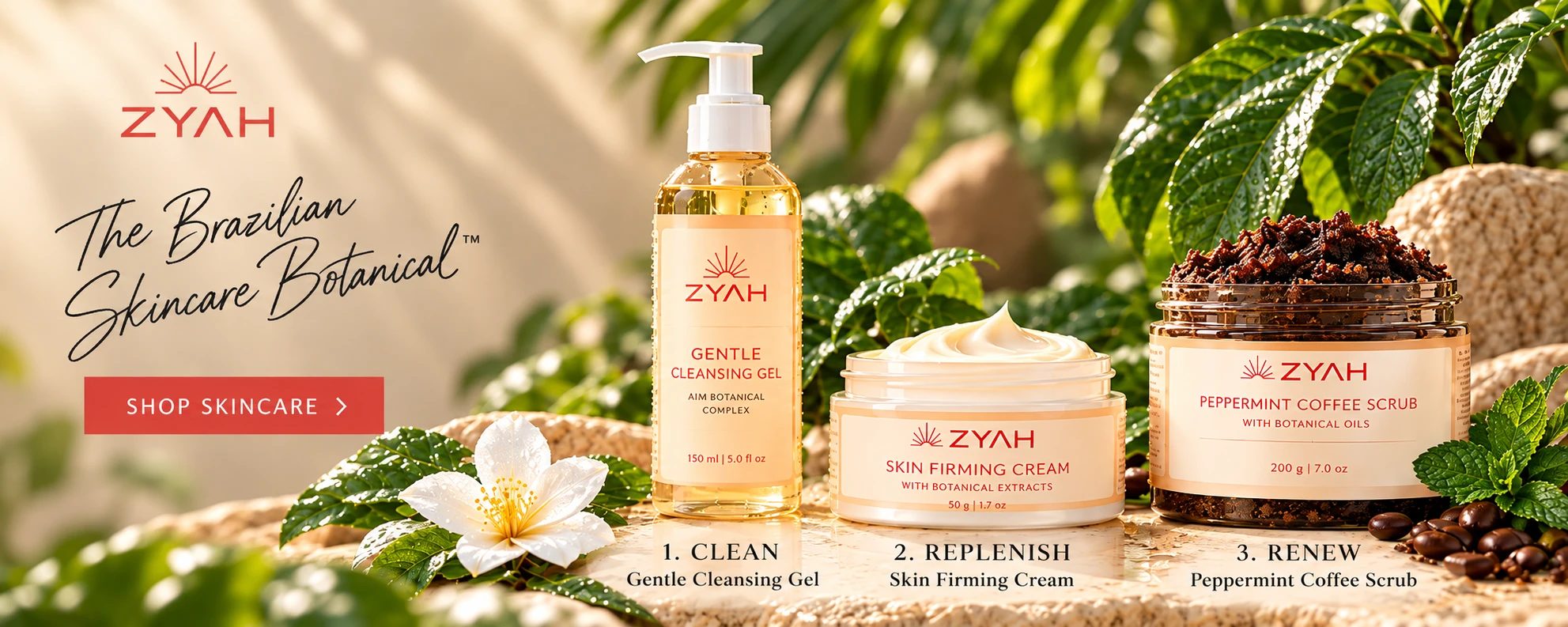 ZYAH Gentle Cleansing Gel, Skin Firming Cream and Peppermint Coffee Scrub among Brazilian botanicals
