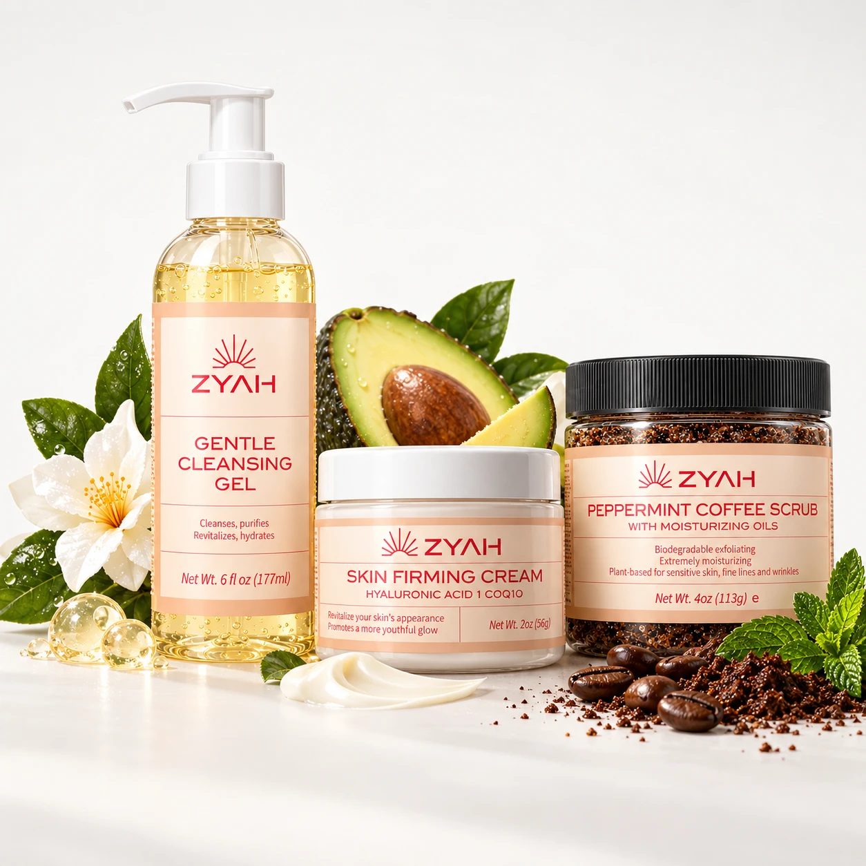 ZYAH Gentle Cleansing Gel, Skin Firming Cream and Peppermint Coffee Scrub with avocado, coffee and mint